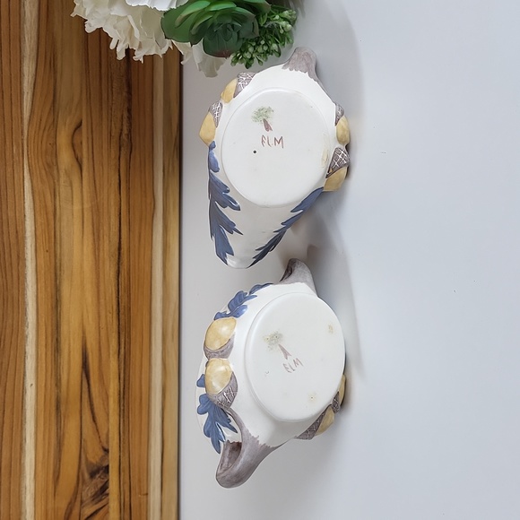 Sugar and Creamer Set, Ceramic Acorn and Blue Leaf Design, marked ELM - Picture 11 of 11